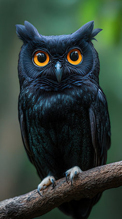 Portrait of a black owl with orange eyes on a tree branchの素材