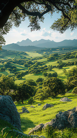 Beautiful landscape view of green fields and trees in the mountains.の素材
