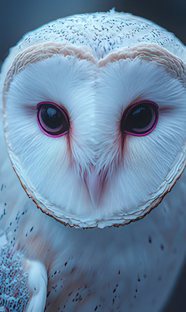 Close-up of a white owl with blue eyes and pink skin.の素材