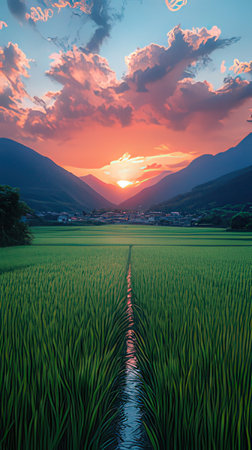 Sunset over rice field in the countryside of Yunnan, Chinaの素材