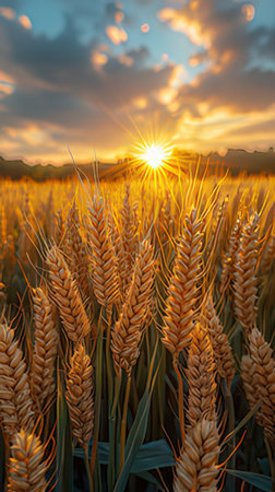 Wheat field at sunset, close-up. Beautiful landscape.の素材