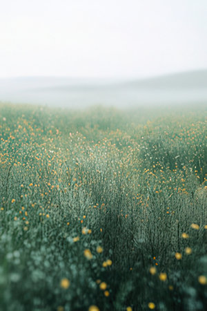 field of yellow daisies in the morning fog. shallow depth of fieldの素材