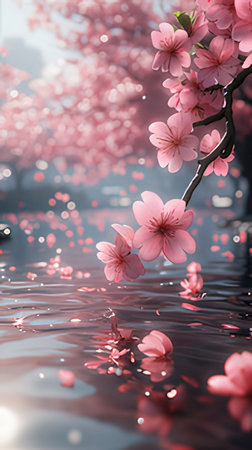 cherry blossom and reflection in the water, 3d renderingの素材