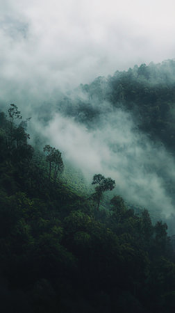 Autumn landscape with mountain in fog. Digital painting.の素材
