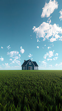 House in the green field with clouds and blue sky. 3d renderの素材