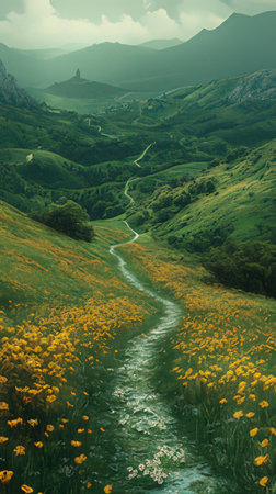 Beautiful spring landscape in the mountains. Panoramic view.の素材