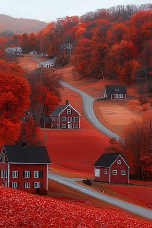 Autumn landscape with red houses and road. 3d render.の素材