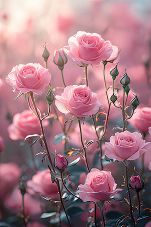 Beautiful pink roses in the garden. Nature background. Vintage tonedの素材