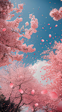 Cherry blossom spring background. 3D render of cherry blossomsの素材