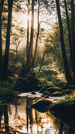 Mountain river in the forest at sunset. Beautiful summer landscape.の素材