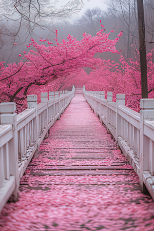 Cherry blossoms and a wooden walkway in the park.の素材