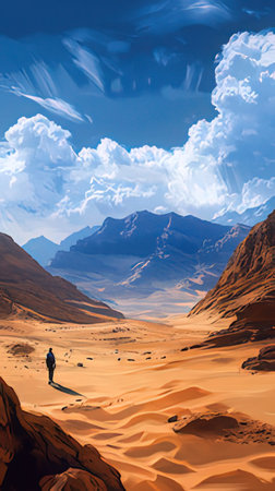 Hiker in the desert. 3D rendering. Computer digital drawing.の素材