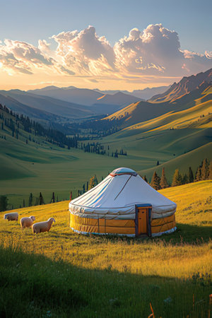 Yurt on the grassland at sunset. Tien Shan mountains, Kyrgyzstanの素材