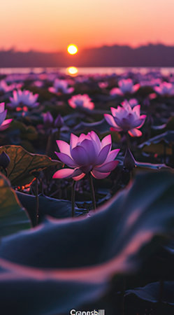 Lotus flower blooming in the pond with sunset background,Thailandの素材