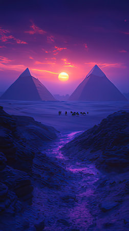 Egyptian pyramids in the desert at sunset. Fantastic landscape.の素材