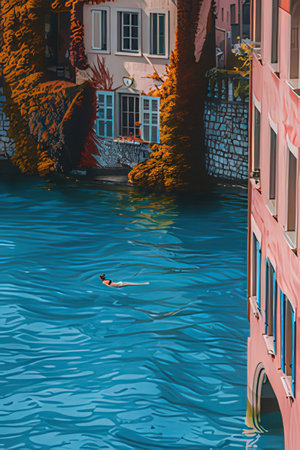 Illustration of a boat in a canal in Venice, Italy.の素材
