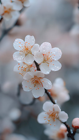 White plum blossoms in full bloom, close-up on a blurred backgroundの素材