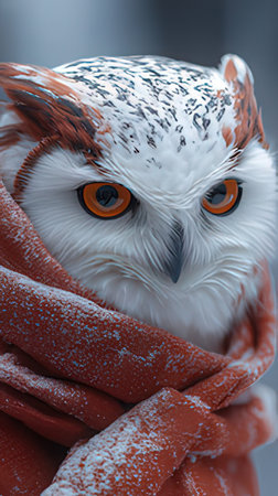 Snowy owl in a red scarf. Close-up of a snowy owl.の素材
