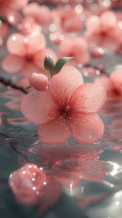 cherry blossom on water surface with reflection. 3d illustrationの素材