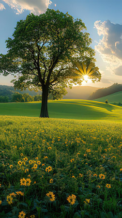 Sunset over sunflower field with lonely tree in the foreground.の素材