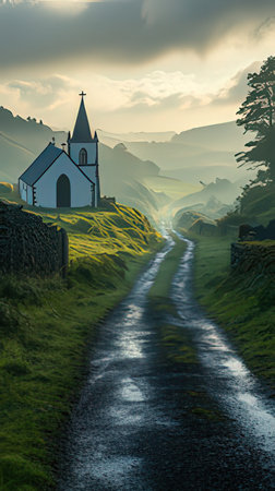 Church on a hillside in the fog at sunset. Rural landscape.の素材
