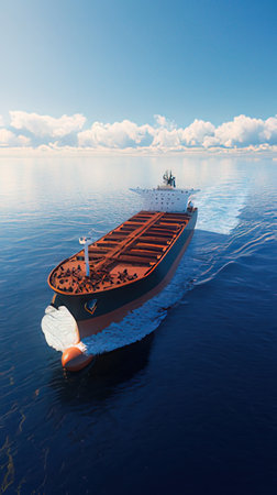Cargo ship sailing in the sea. 3d render illustration.の素材