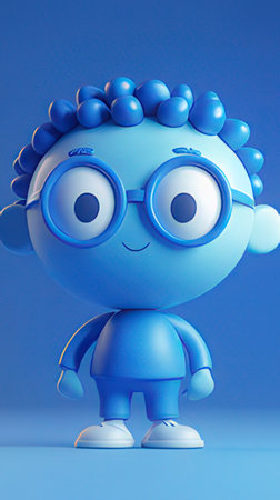 Cute blue boy with glasses. 3D rendering. Cartoon character.の素材
