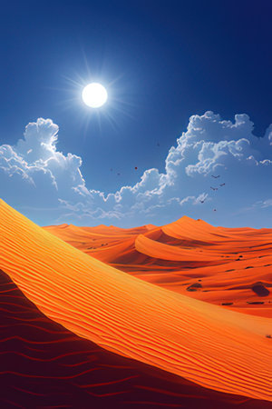 Desert sand dunes with blue sky and sun. 3d renderの素材
