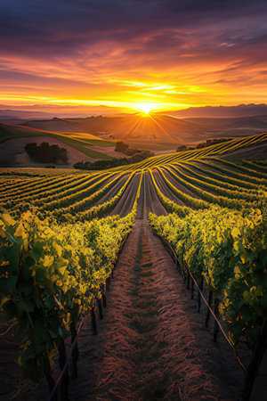 Sunset over vineyards in Tuscany, Italy, Europeの素材