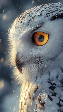 Snowy owl in winter forest. Beautiful winter portrait of a snowy owl.の素材