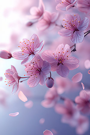 cherry blossom, sakura flowers on a blue background with copy spaceの素材