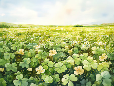 Green meadow with clover flowers. Illustration for your designの素材