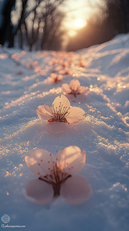 Cherry blossoms in the snow at sunset. Beautiful spring background.の素材
