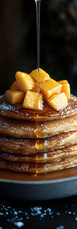 Pancakes with honey and mango on dark background. Shallow dof.の素材