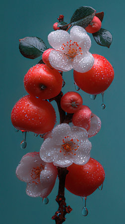 Red apples and white flowers with drops of water on a green backgroundの素材