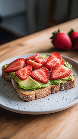 Avocado toast with strawberries and avocado on wooden table, stock photoの素材