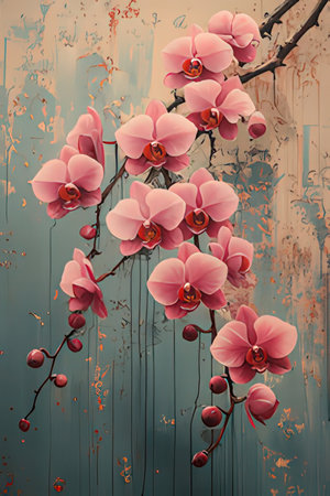 Pink orchids on a grunge background. Vintage style.の素材