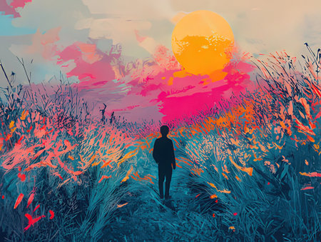Person standing in grassland and looking at sunset. Digital painting.の写真素材