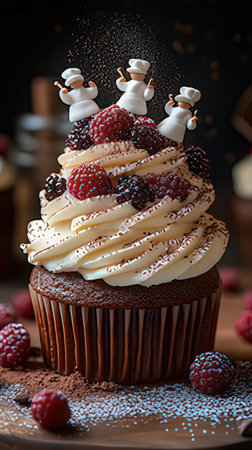Birthday cupcake with blackberries and raspberries on topの写真素材