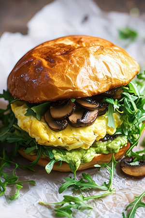 Vegetarian burger with avocado, mushrooms and arugula.の素材