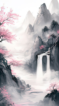 Digital painting of a waterfall in a misty forest. Watercolor illustrationの素材