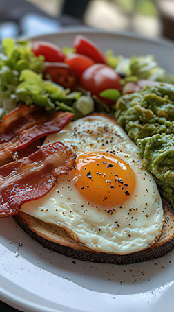 Breakfast with fried eggs, bacon and avocado on a plate.の素材