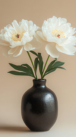White peonies in a black vase on a beige backgroundの素材