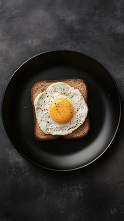 Fried egg on toast bread. Top view. Dark background.の素材