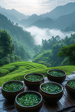 Beautiful landscape with terraced fields and bowls of green leaves. The bowls are placed on a wooden surface against a backdrop of mountains and fog.の素材