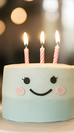 Birthday cake with happy face and candles on top, shallow depth of fieldの素材