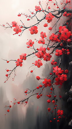 Chinese style painting of red plum blossom in the fog, closeupの素材