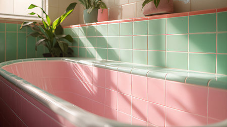 Interior of a bathroom with pink tiles and a green bathtubの素材