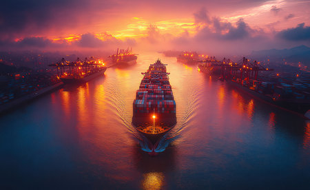 Aerial view of cargo ship in the sea at sunset. Freight transportation concept.の素材