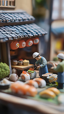 Miniature people with sushi and rolls at a Japanese restaurant in Japanの素材